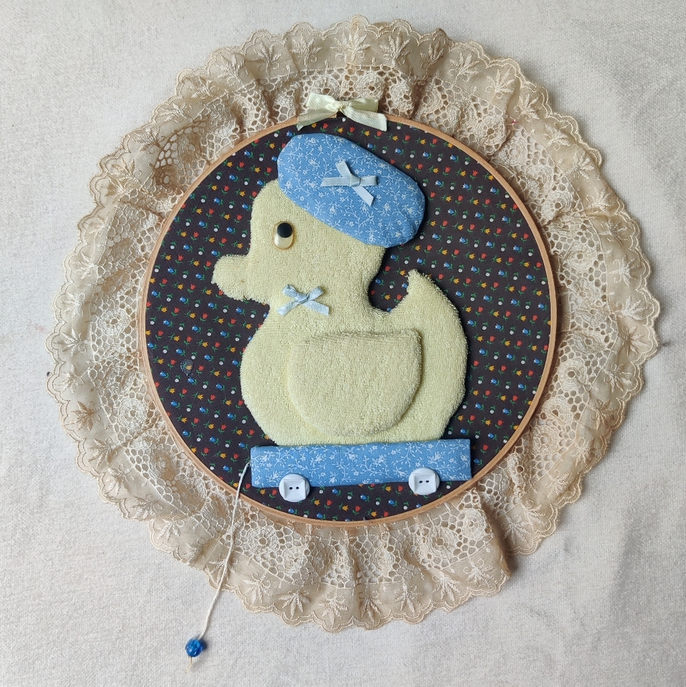 70s Duckling Nursery Wall Art 14" Terry Cloth Embroidery Hoop Lace Cottage VTG